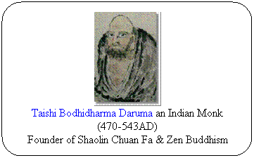 Flowchart: Alternate Process: Taishi Bodhidharma Daruma an Indian Monk
(470-543AD)
Founder of Shaolin Chuan Fa & Zen Buddhism
 
